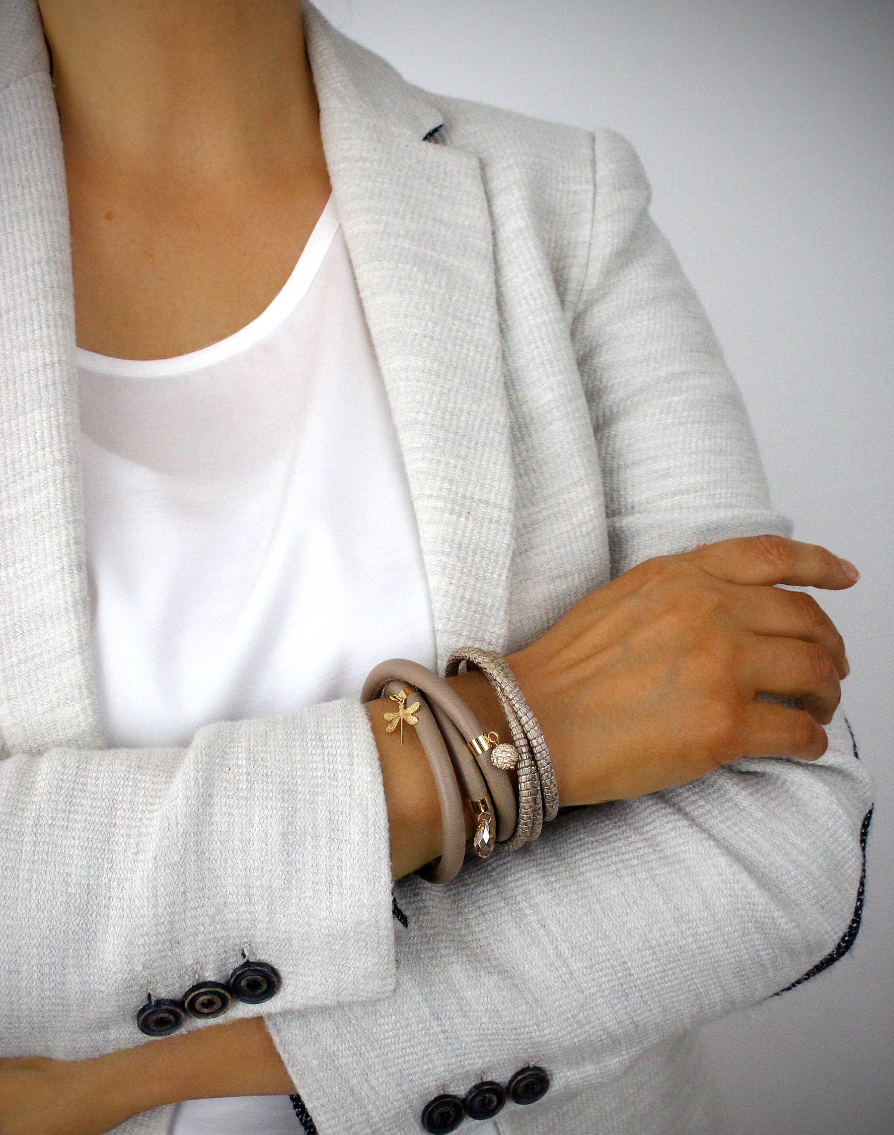 DIGE DESIGNS - Wholesale Charm/Dangle Bracelet - Beige triple wrap leather bracelet with dragonfly and charms