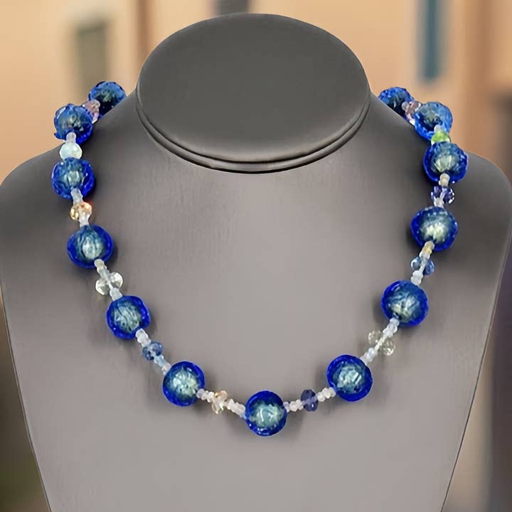 Glacier Blue Italian Bead Necklace with Austrian Crystals and Graduating Aquamarine with Sterling Silver Clasp for wholesale by Viktoria Simonë