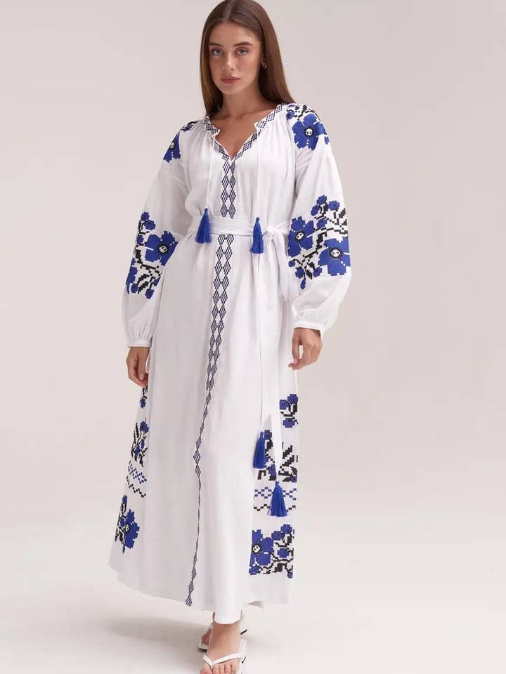 Embroidered Dress Parisian Bouquet White for wholesale by Handmade Originals Ukraine