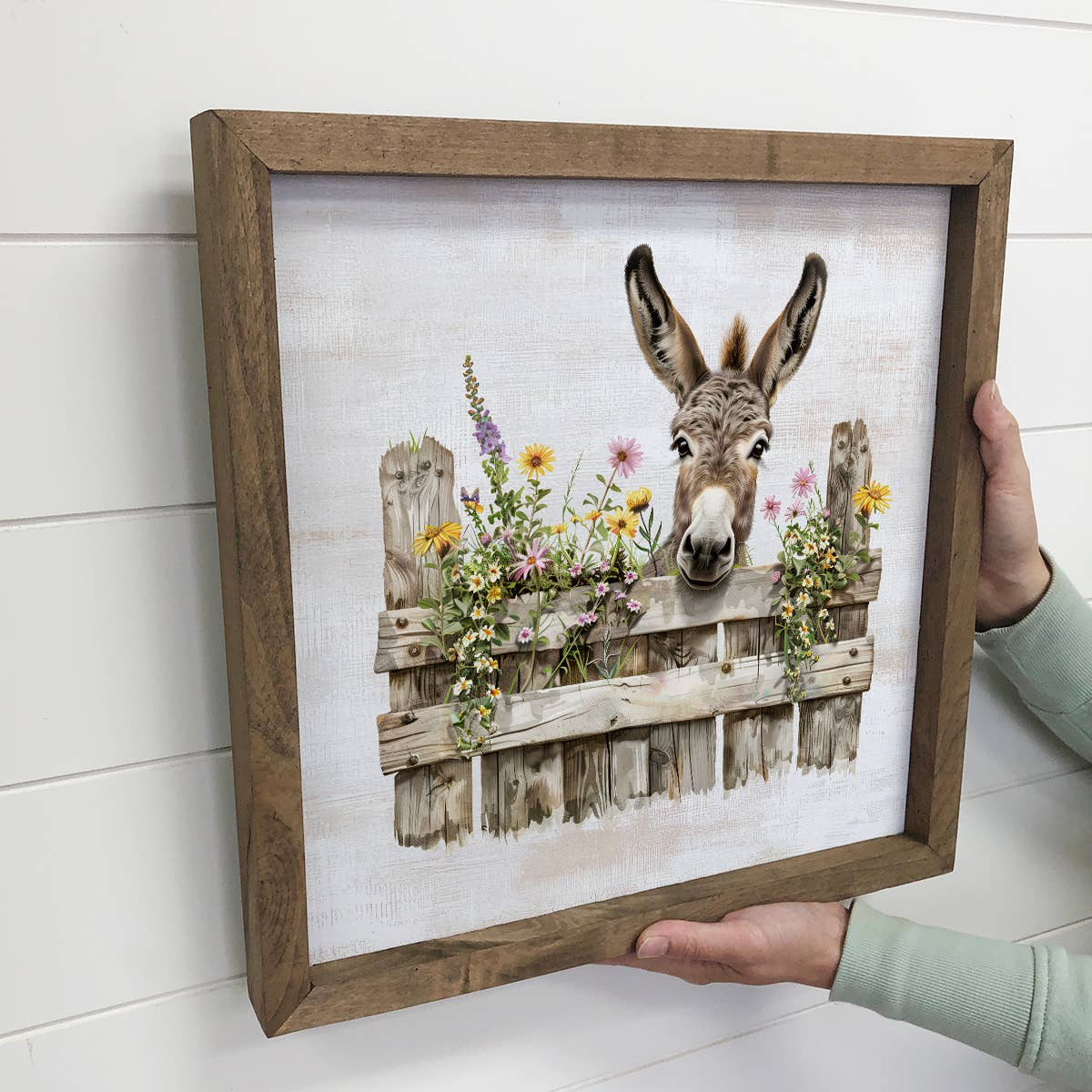 Hangout Home - Wholesale Art Print - Donkey Over Fence with Flowers  - Donkey Canvas Art - Framed2