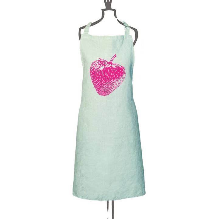 Grembiule in lino rosa fragola e menta per la vendita all'ingrosso da parte di Frohstoff Meike Marie Buchholz