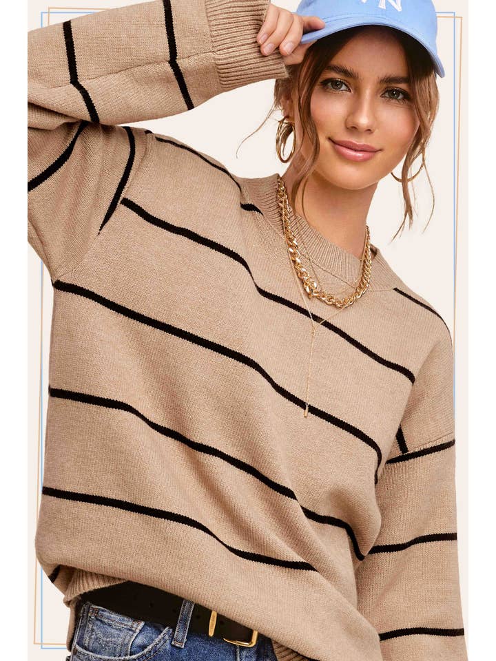 La Miel - Wholesale Knit Sweater - Women's - HCS3553-Loose Fit Stripe Long Sleeve Crewneck Sweater