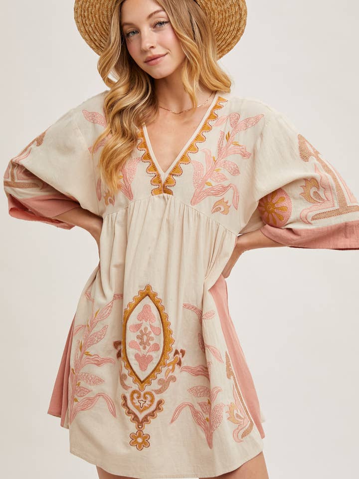 Bluivy - Wholesale Dress - Women's - BOHO EMBROIDERED BABYDOLL DRESS