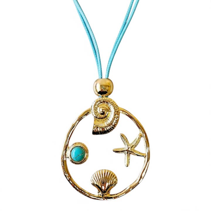 Turquoise & Seashell Pendant | Handmade Statement Jewelry for wholesale by Bijoux Envie Statement Jewelry