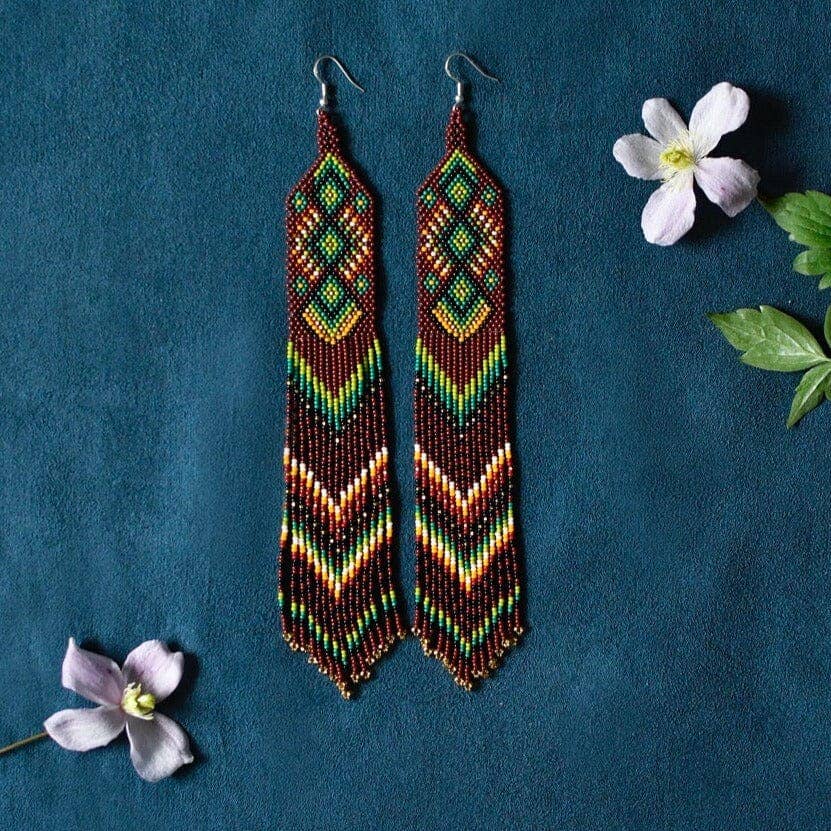 Mother Sierra - Wholesale Dangle Earrings - Woodstock - Long Native Beaded Earrings in Earthy Tones 1