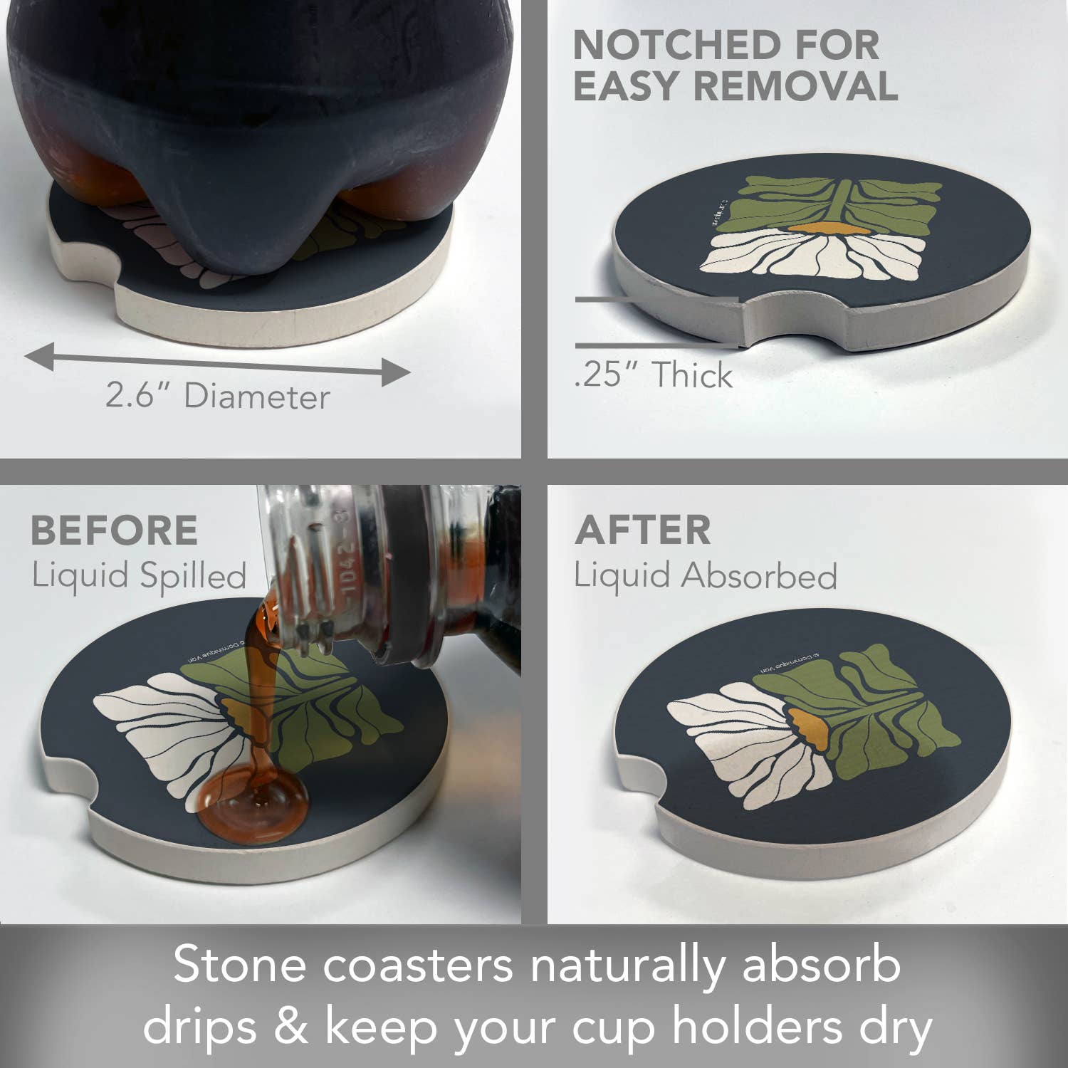 CounterArt/Highland Home/Thirstystone - Wholesale Coasters - "Bohemian Floral" Absorbent Stone Car Coaster 1pk 4