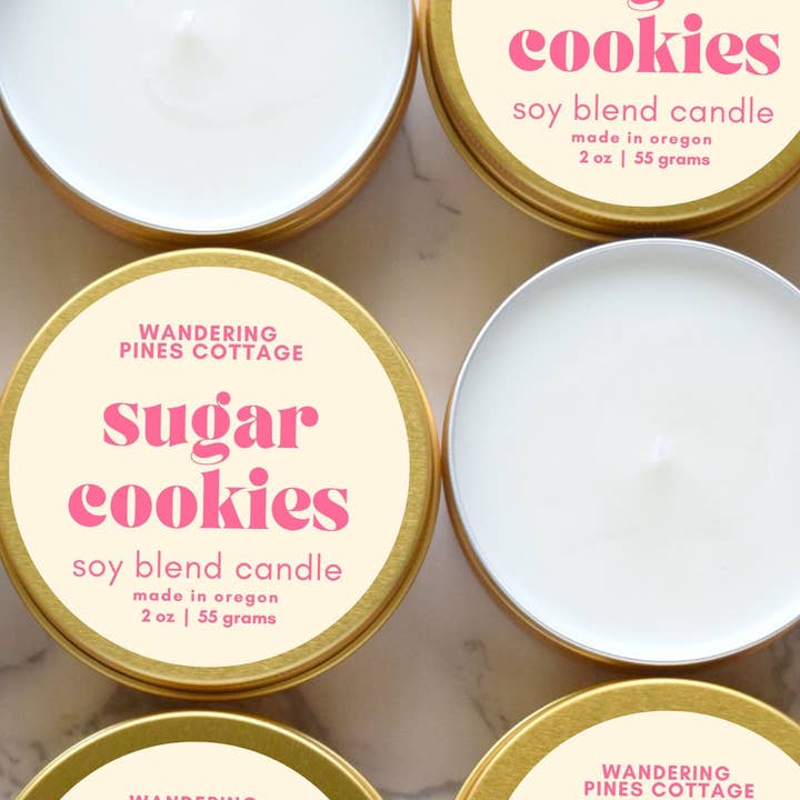 Sugar Cookies - 2 oz Gold Tin Travel Candle for wholesale by Wandering Pines Cottage