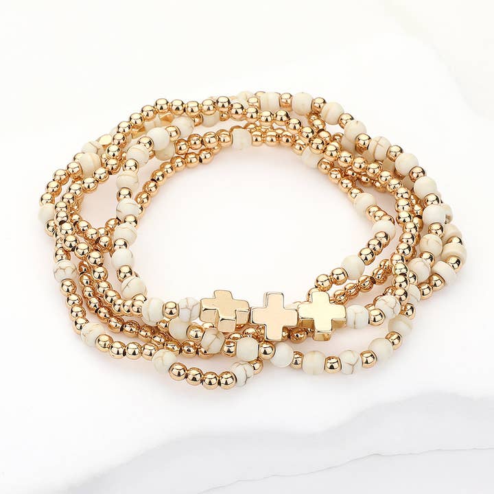 5PCS - Natural Stone Metal Cross Ball Beaded Stretch Multi Layered Bracelets for wholesale by Sensibling Corp.