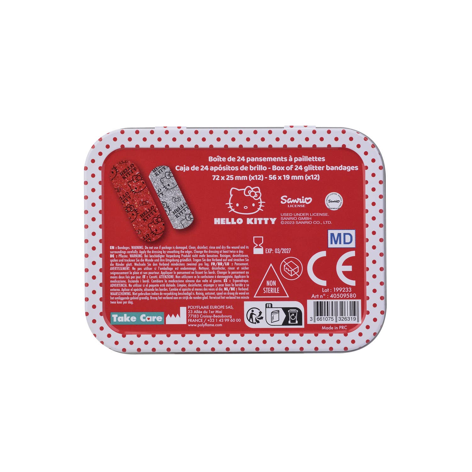 Takecare - Wholesale Bandaids/Bandages - Hello Kitty, Metal Box of Bandages, Glitter, Pre-cut, Children, Junior, Box of 24 Bandages, 10.9 x 8 x H.2 cm, TAKE CARE4