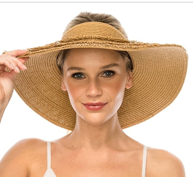 NATURAL Beachy crownless sun visor hat with layers of fringe for wholesale on Faire1