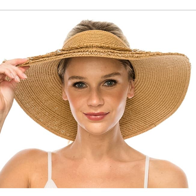 NATURAL Beachy crownless sun visor hat with layers of fringe for wholesale on Faire1