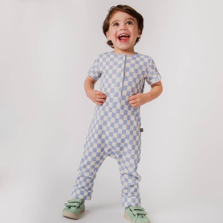 RAGS - Wholesale Jumpsuit - Baby - Rag Romper - Blue Check Waffle