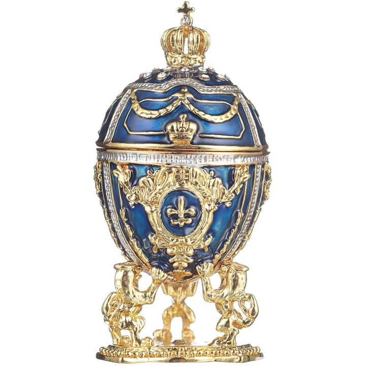 Caja de joyería tipo huevo Fabergé con leones y corona imperial azul para venta al por mayor de danila-souvenirs
