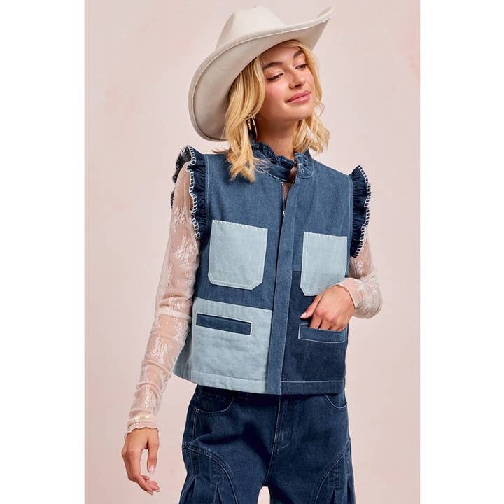 Washed Denim Vest With Block And Shirring Details for wholesale on Faire6