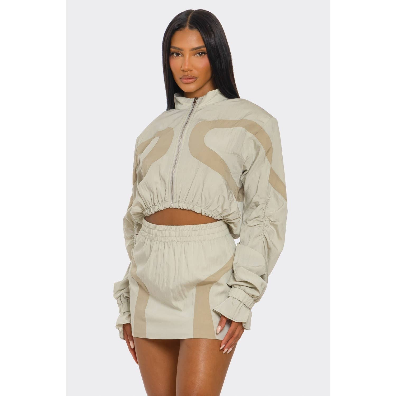BEIGE Plus Two-tone Nylon Windbreaker Skirt Set for wholesale on Faire3