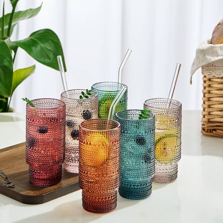 The Wine Savant / Khen Glassware - Wholesale Cocktail/Liquor Glass - Hobnail Highball Glasses | Set of 6 | with Glass Straws