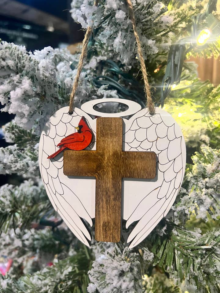 Angel Wings with Cardinal on Cross Ornament for wholesale by Three Busy Bees Creations