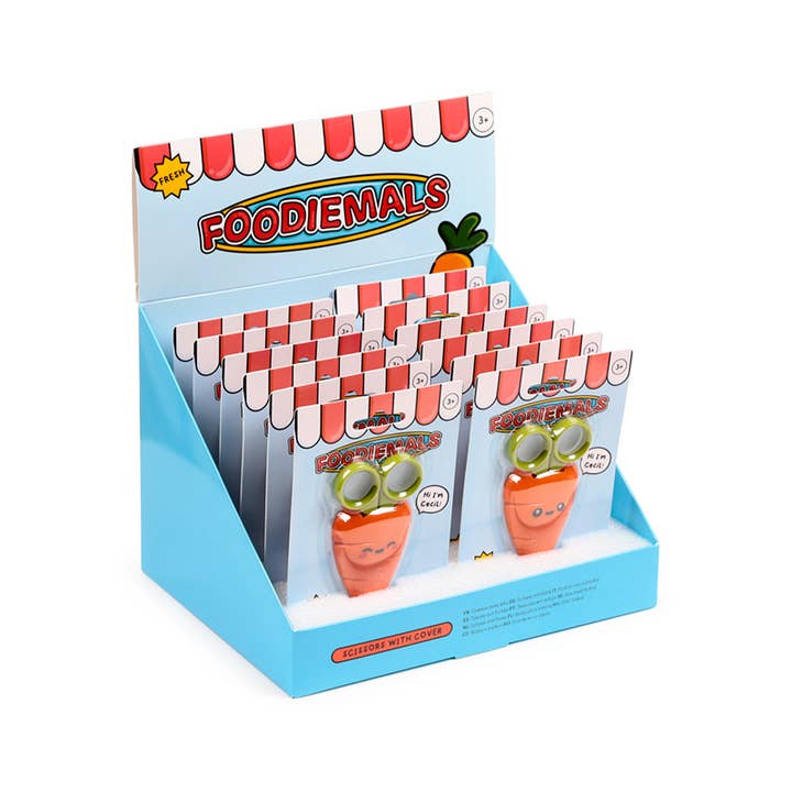 Ciseaux pour enfants Foodiemals Cecil la Carotte avec support pour la vente par Puckator EU