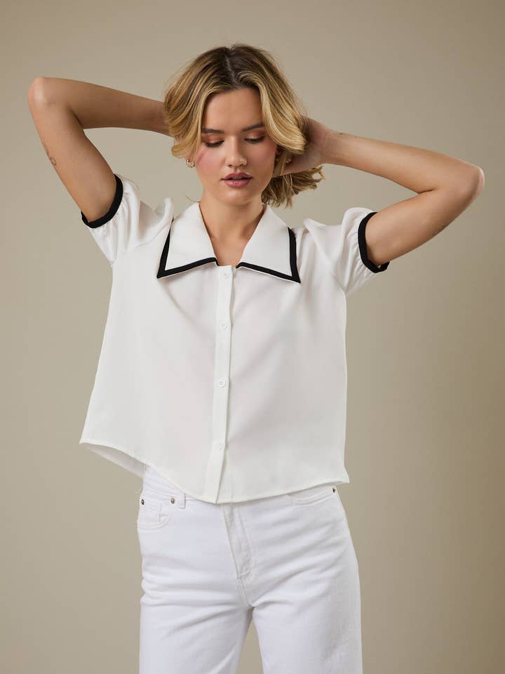 DROPPED NECK COLLARED BUTTON DOWN BLOUSE for wholesale by Sunday Edition