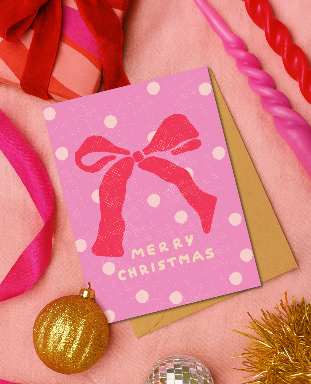 Daydream Prints - Wholesale Christmas Card - Cute Christmas Card | Red Bow | Pink Holiday Card | Ribbon1