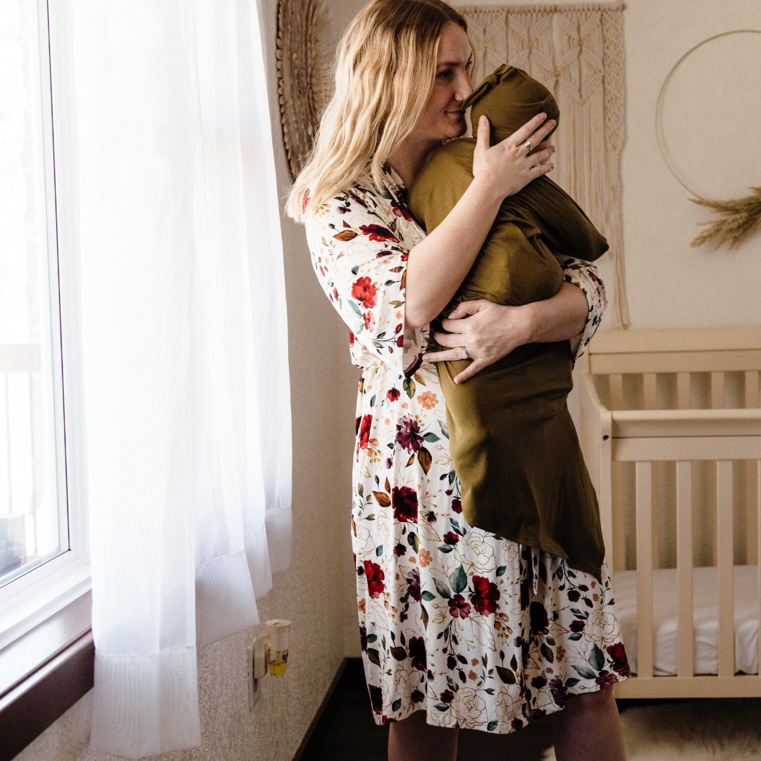 HAHA MAMA Clothing - Wholesale Dress - Maternity - Red Rose Maternity Delivery Gown & Olive Green Swaddle2