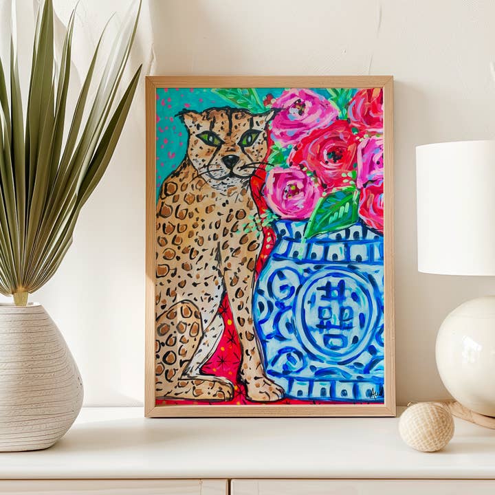 Leopard Print Floral Art Print, Cheetah Maximalist Art, Dopamine Decor, Trendy Colorful Wall Poster for wholesale by Audra Style