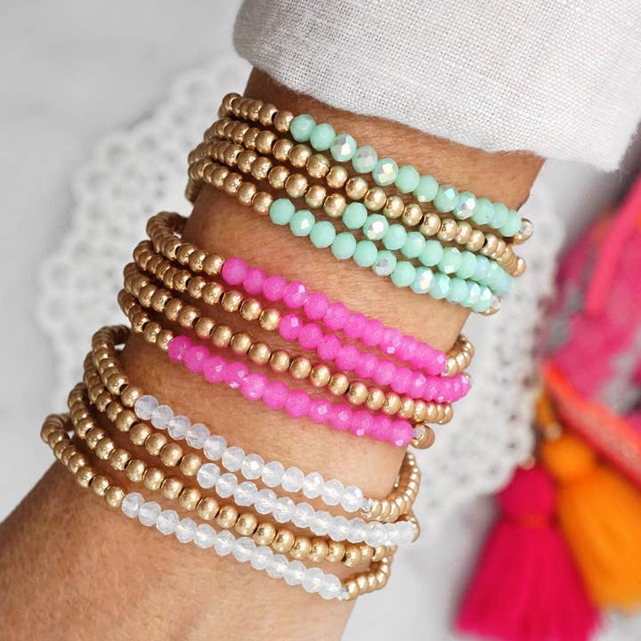 PennyLine inc - Wholesale Jewelry Set - Bracelet stack Small Worn Gold Glass beads Pink Mint Denim