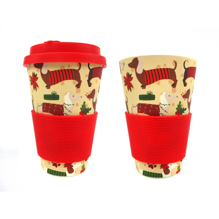 Eco-Friendly Reusable Mug with Christmas Wiener Dog Design for wholesale by Tiny Mills