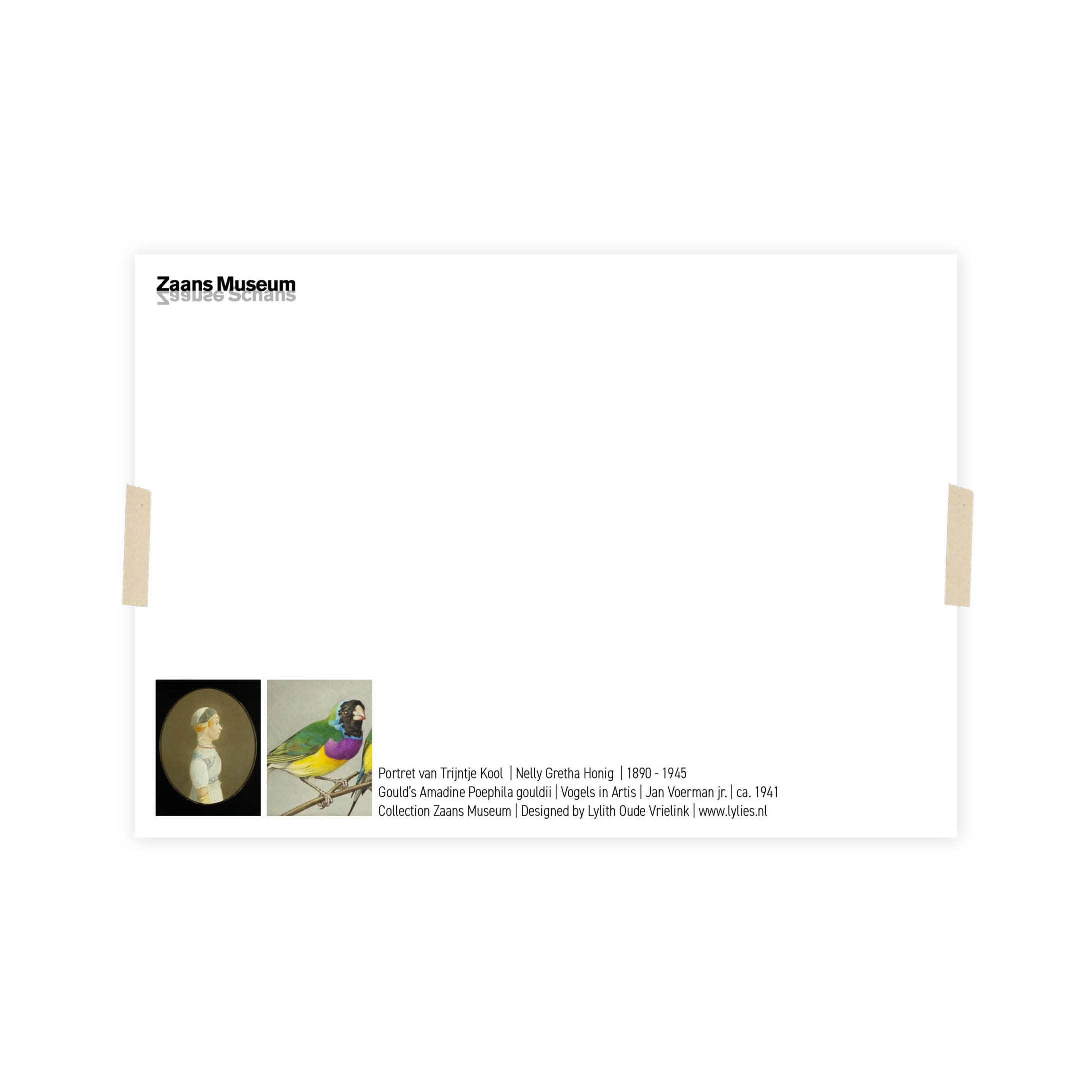 Lylies - Wholesale Ansichtkaart - Postcard collage Zaans Museum - vrouw gekleurde vogel1
