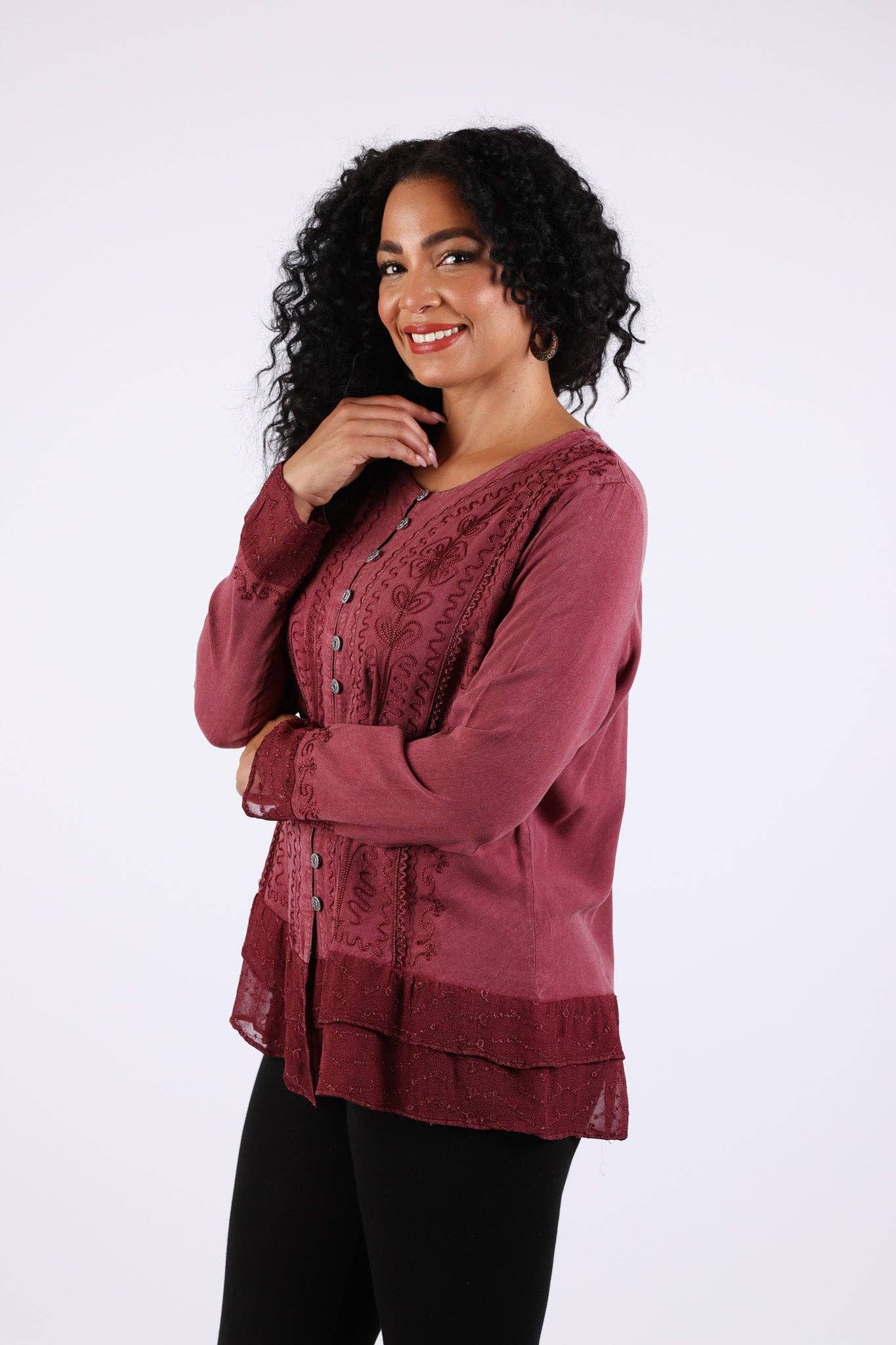 Sacred Threads - Wholesale Button Down Shirt - Women's - Vintage Fall Boho Stonewashed Top: Embroidered Shirt6