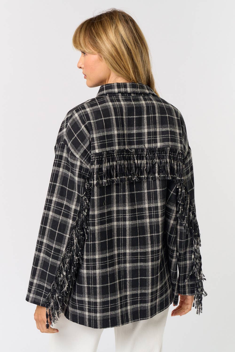 Lalavon - Wholesale Button Down Shirt - Women's - ILT1505 Plaid button up w/ fringe detail6