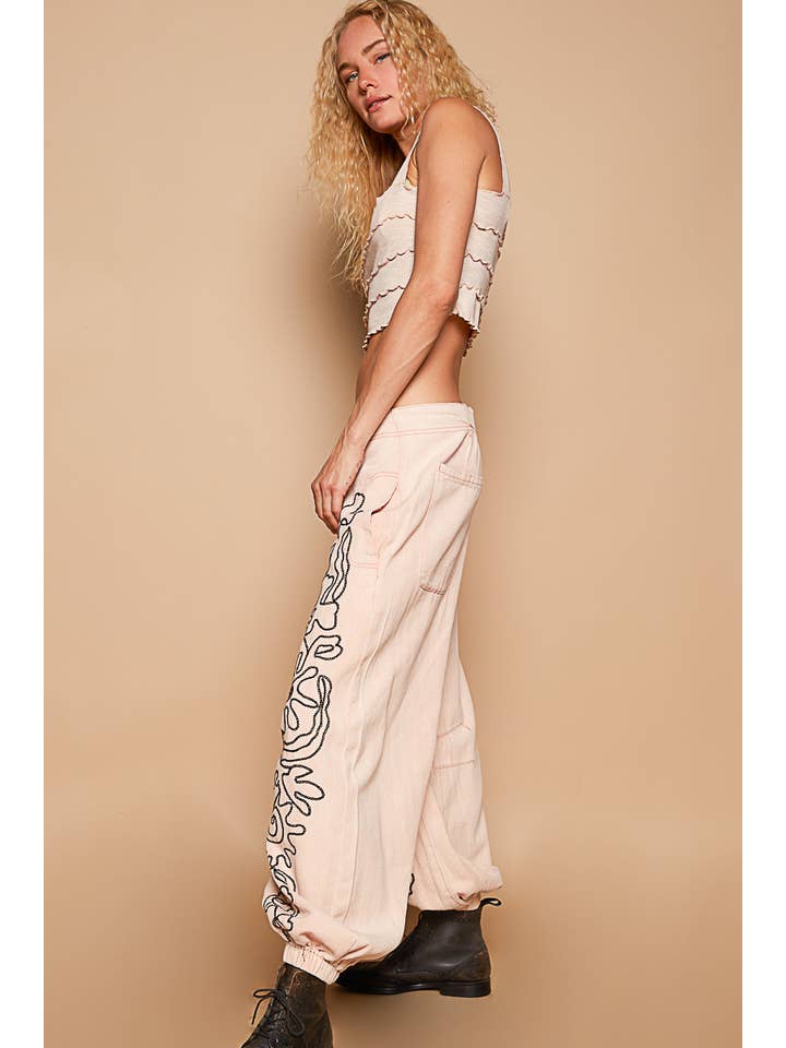 Pol Clothing - Wholesale Pants - Women's - Floral embroidered pattern solid twill pants