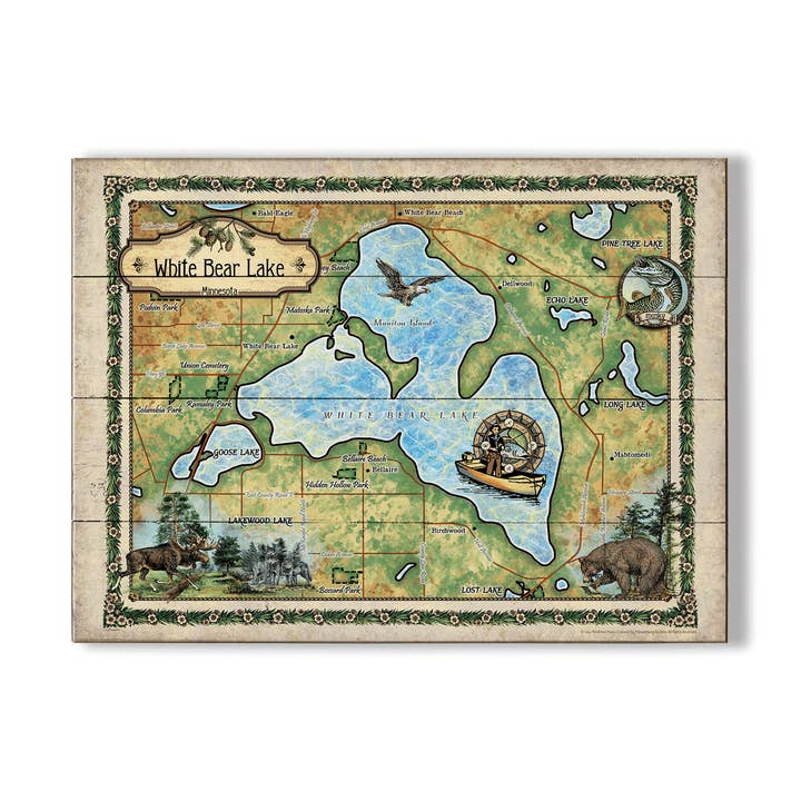 White Bear Lake, Minnesota: Mappa Illustrata - Decorazione da Parete per la vendita all'ingrosso da parte di Old Wood Signs