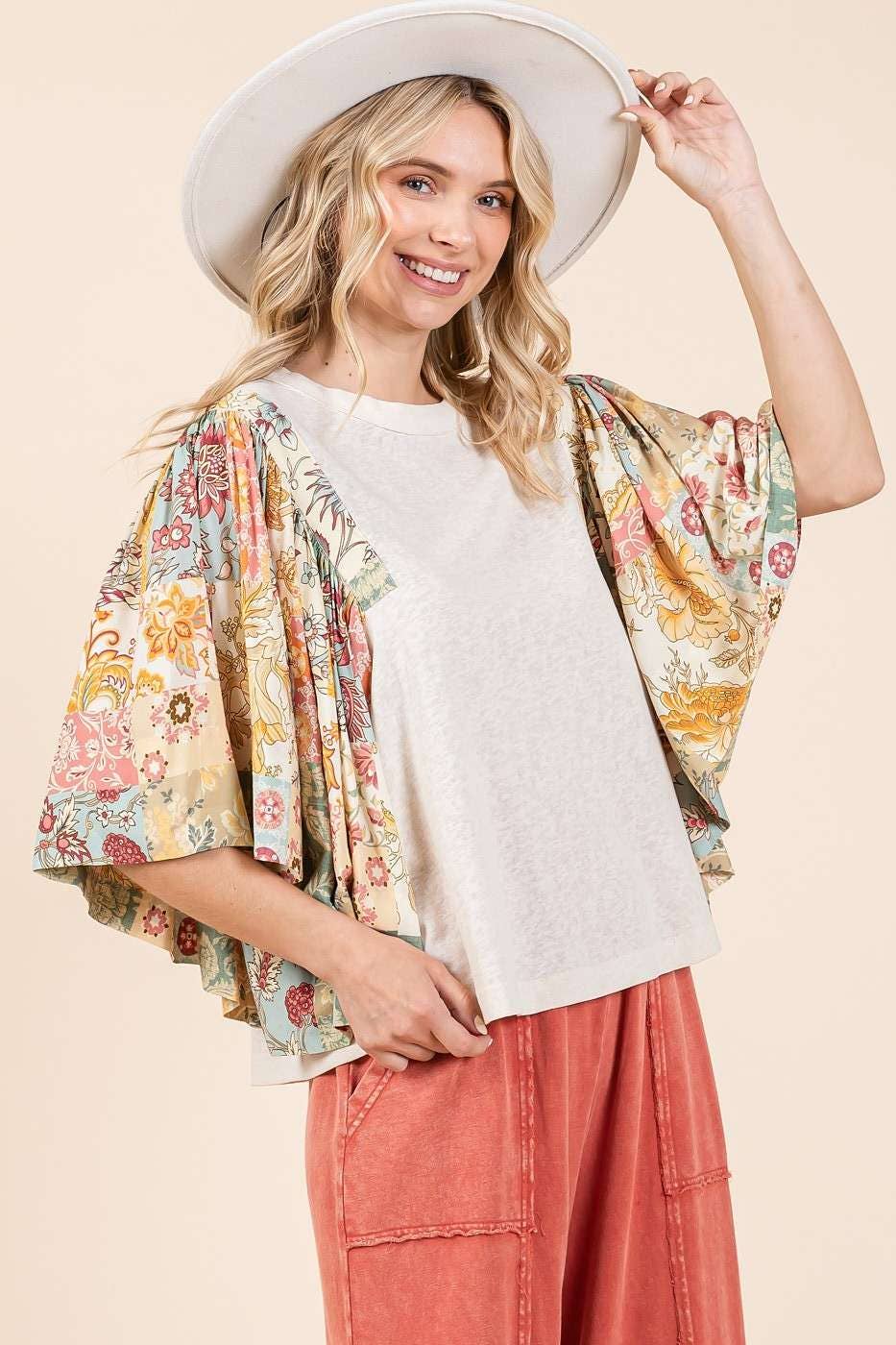 mittoshop - Wholesale Blouse - Women's - FLORAL PATCHWORK PRINT RUFFLE FLUTTER SLEEVE TOP9