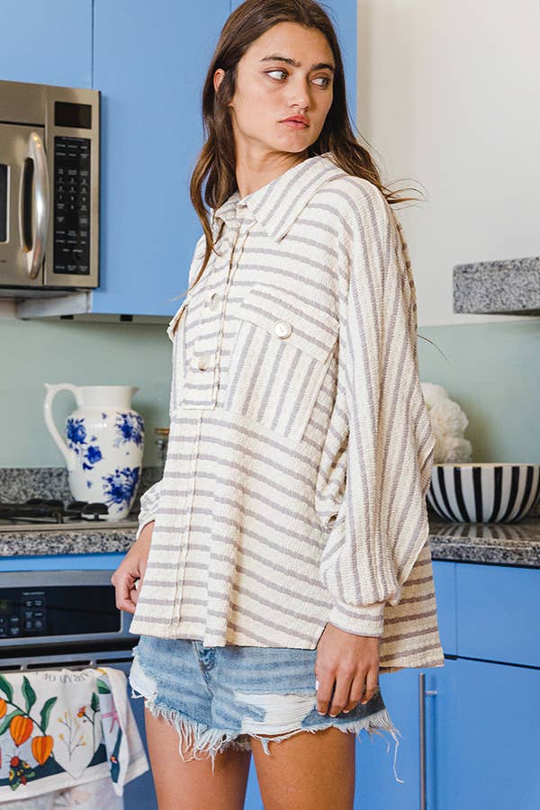 BUCKETLIST INC – wholesale Sweatshirt – Women's – T1578-5  Collared Oversized Button Up Stripe Pullover Top22