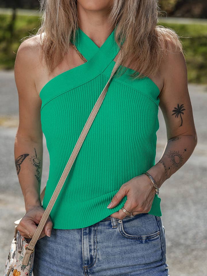 Dark Green Ribbed Criss Cross Halter Neck Sheath Sweater Tank Top for wholesale on Faire