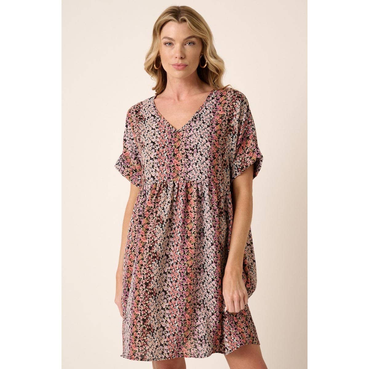 mittoshop - Wholesale Dress - Women's - FLOWER PRINT V NECK BABYDOLL MINI DRESS0