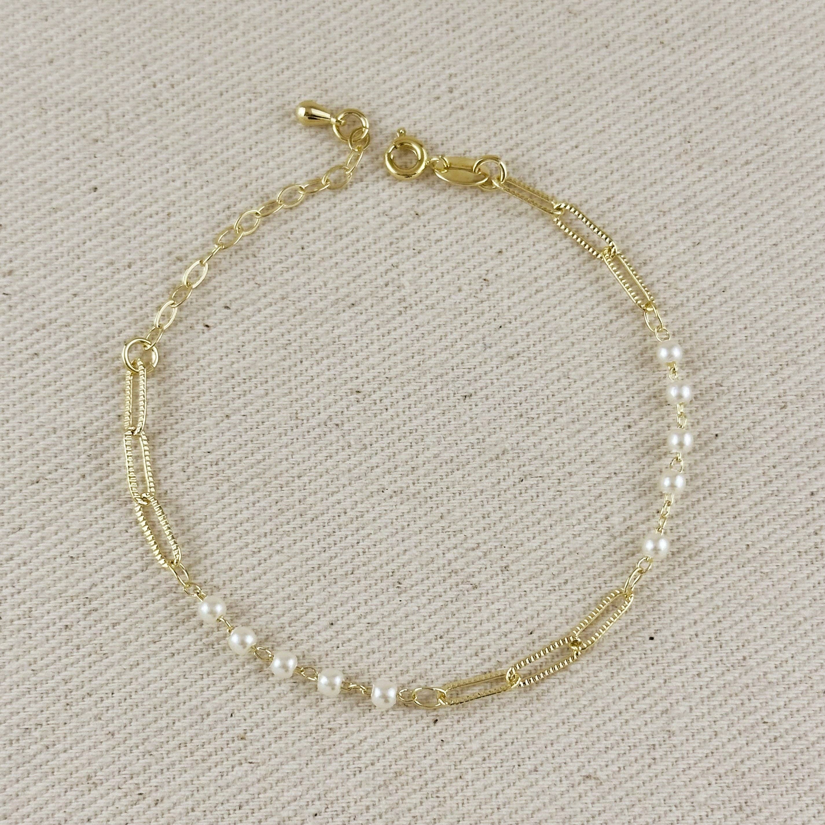 GoldFi - Wholesale Link & Chain Bracelet - 18k Gold Filled Diamond Cut Paperclip & Pearls Bracelet