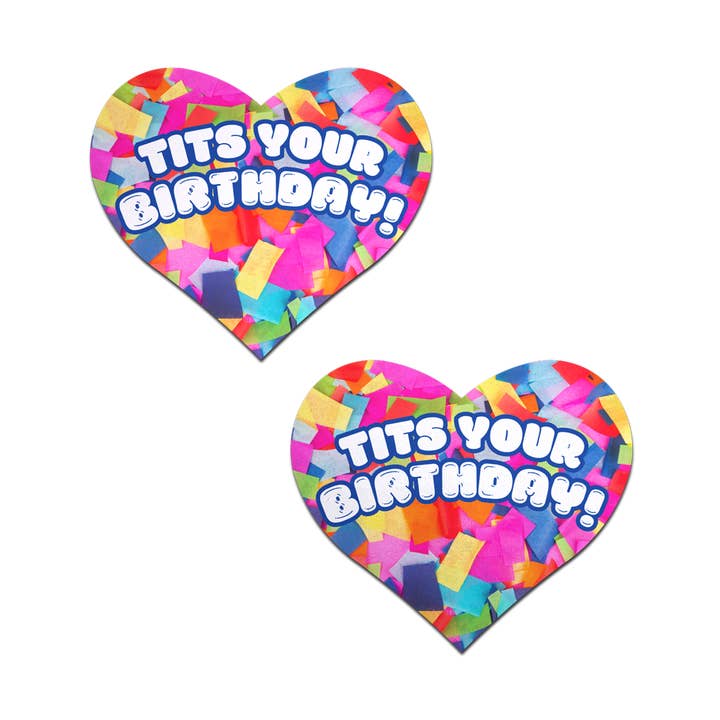 Tits Your Birthday!' Heart Breast Pasties with Confetti for wholesale by Pastease®