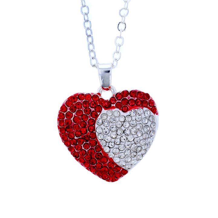 Luxe on Main LLC - Wholesale Pendant/Charm Necklace - Silver Tone Heart in Heart Pend Necklace w Red & Wh Crystals