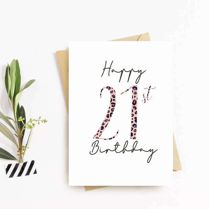 Happy 21st Birthday Card - Leopard Print Design for wholesale by Flash On A String Designs