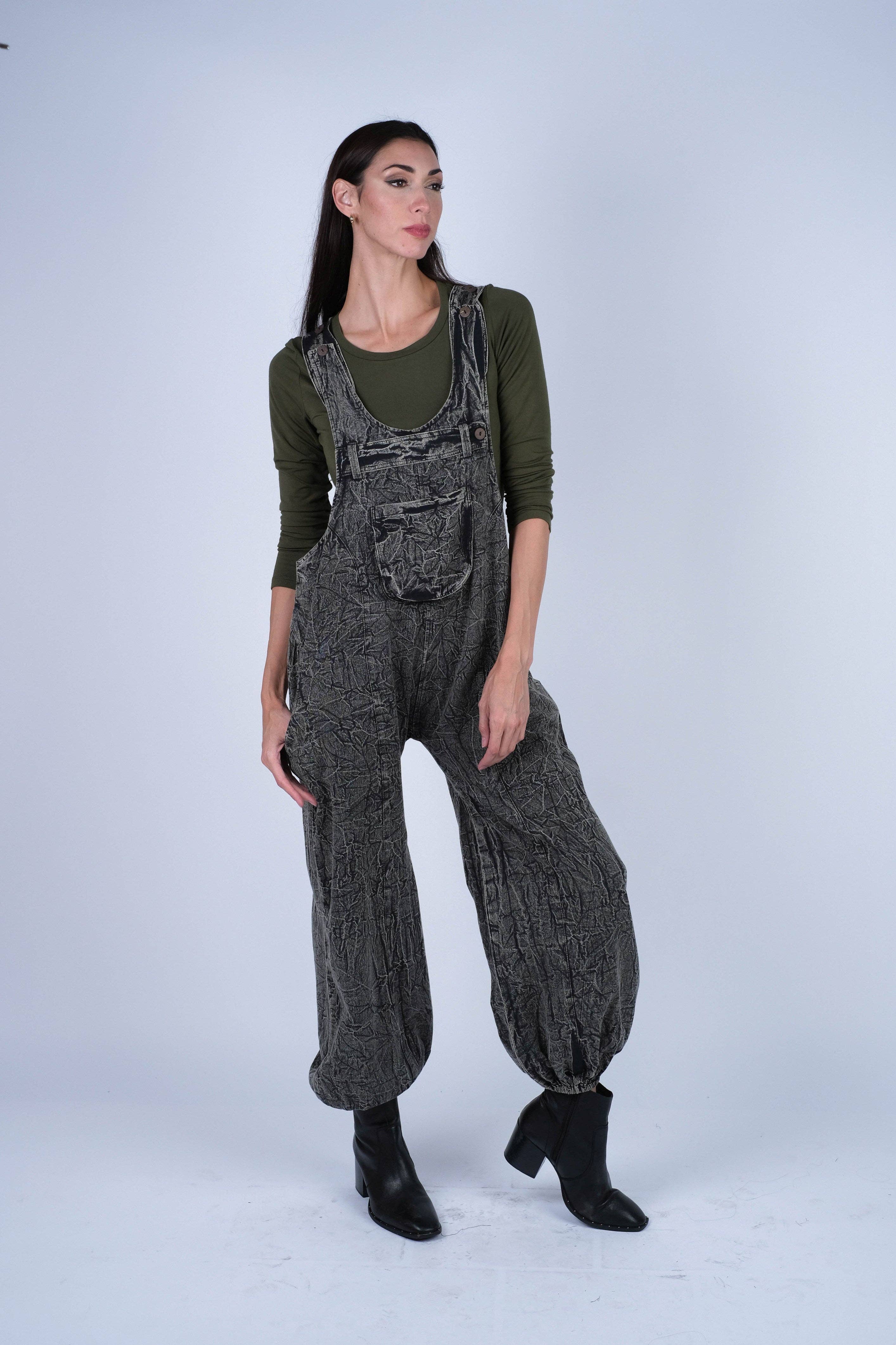 Sacred Threads - Wholesale Overalls - Women's - Textured Stone-Washed Cotton Overalls Cuffed Bottoms6