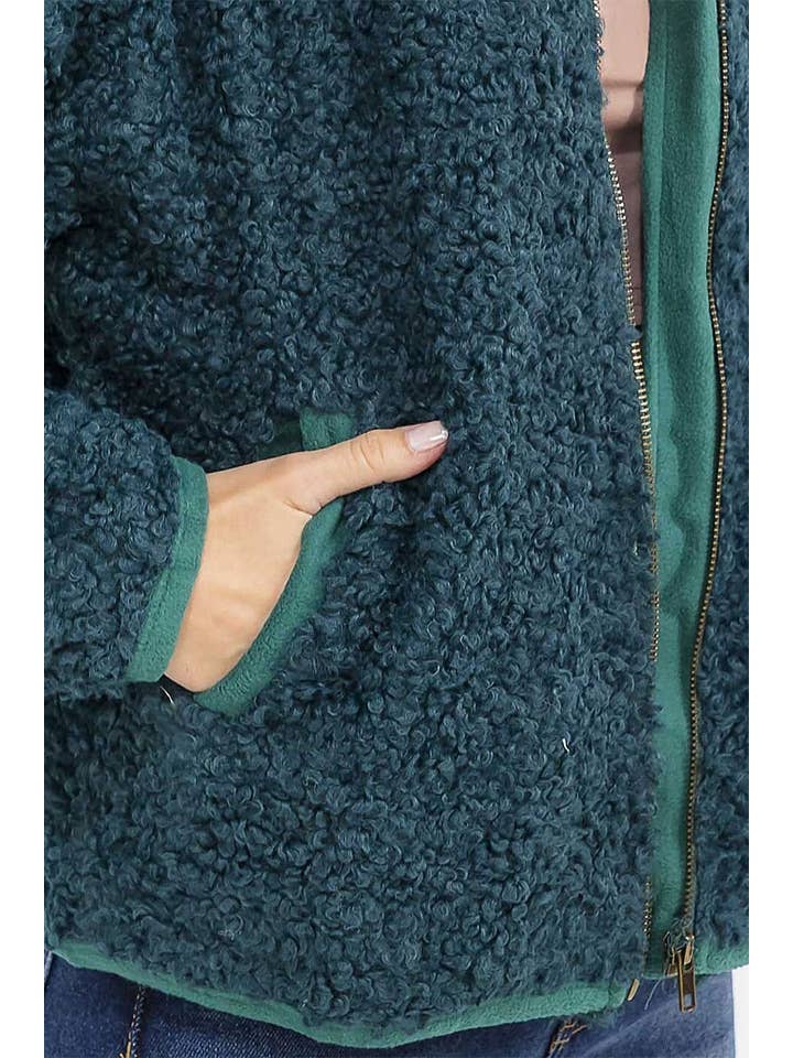 ROUSSEAU - Wholesale Jacket - Women's - SOLID SHERPA HOODED ZIP UP POCKET FRONT JACKET7