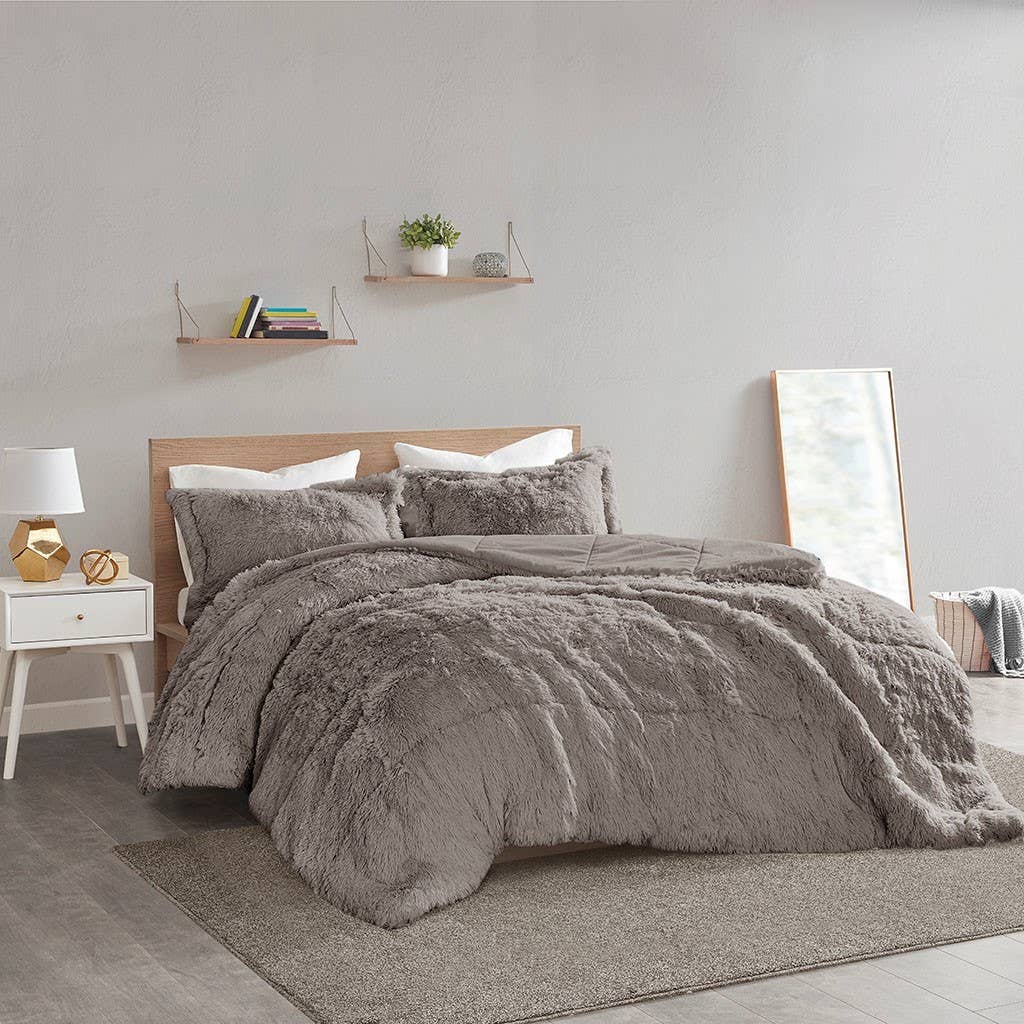 Olliix - Wholesale Bedding Set - Shaggy Fur 3-Piece Comforter or Duvet Cover Set, Grey0