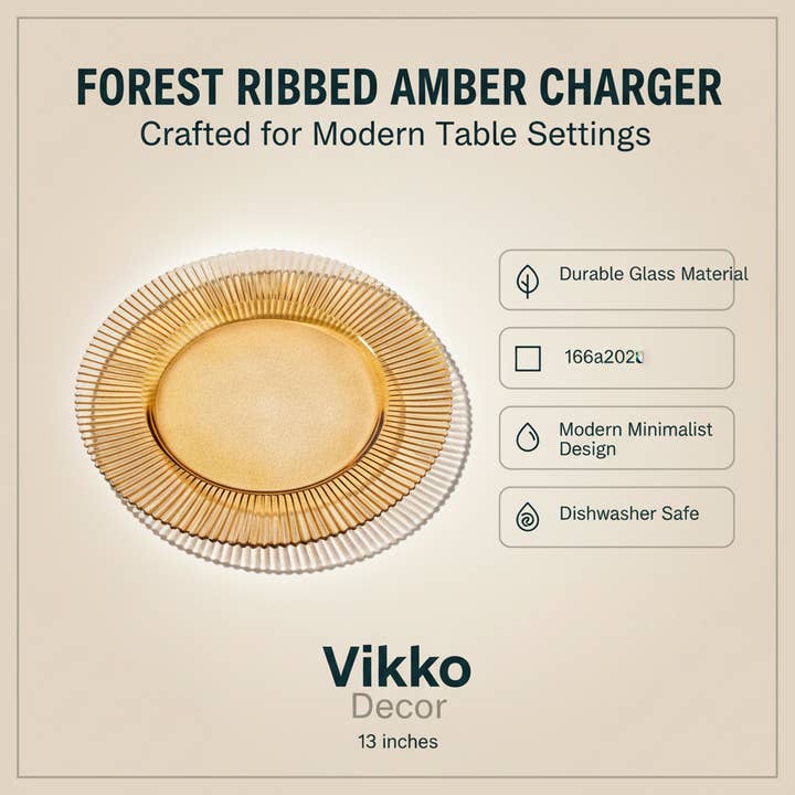 Kadra Kitchenware - Wholesale Charger Plate - Vikko - Decor, Forest, Ribbed Glass Charger, Amber, 13"3