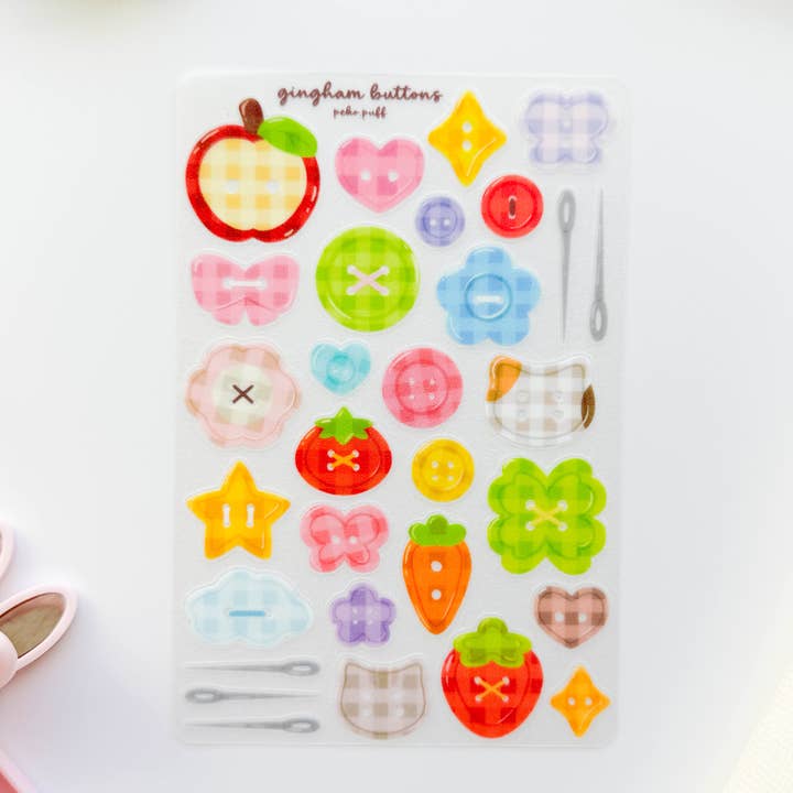 Gingham Buttons Clear Glittery Deco Sticker Sheet for wholesale by PekoPuff