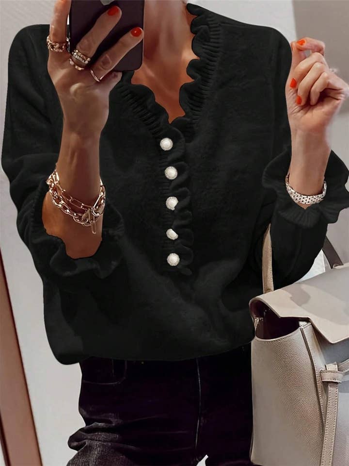 HIDDENBRAND - Wholesale Knit Sweater - Women's - Ruffle Collar V-Neck Button Knit Sweater