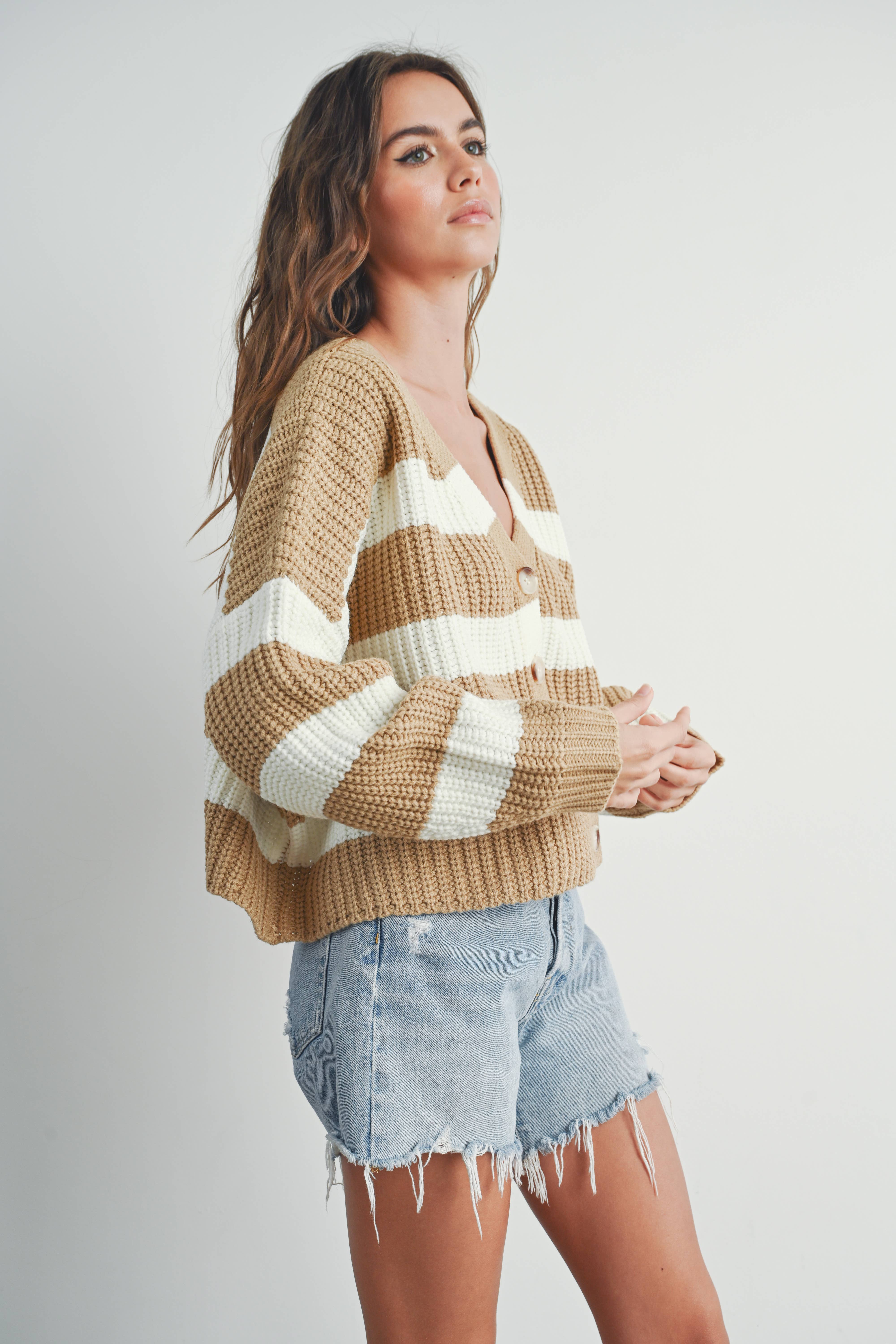 BUTTERMELON – wholesale Cardigan – Women’s – Striped V-Neck Cardigan with Buttons - BMC73318