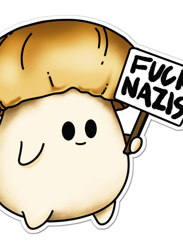 Fuck Nazis | Picketing Porcini Mushroom Sticker for wholesale by Mushroom Marauder