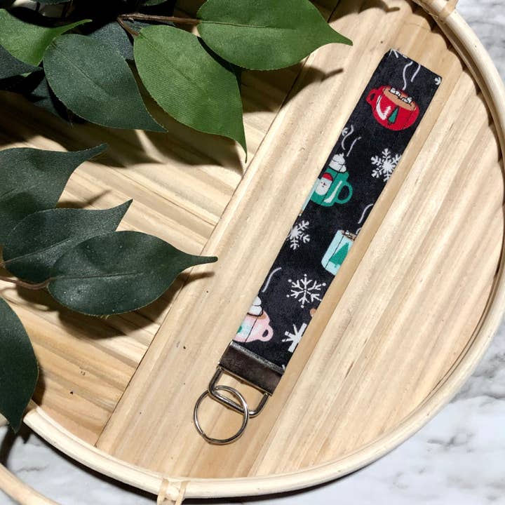 Hot Cocoa & Gingerbread Men Print Fabric Wristlet Keychain, Key Fob for wholesale by MDStickerShop